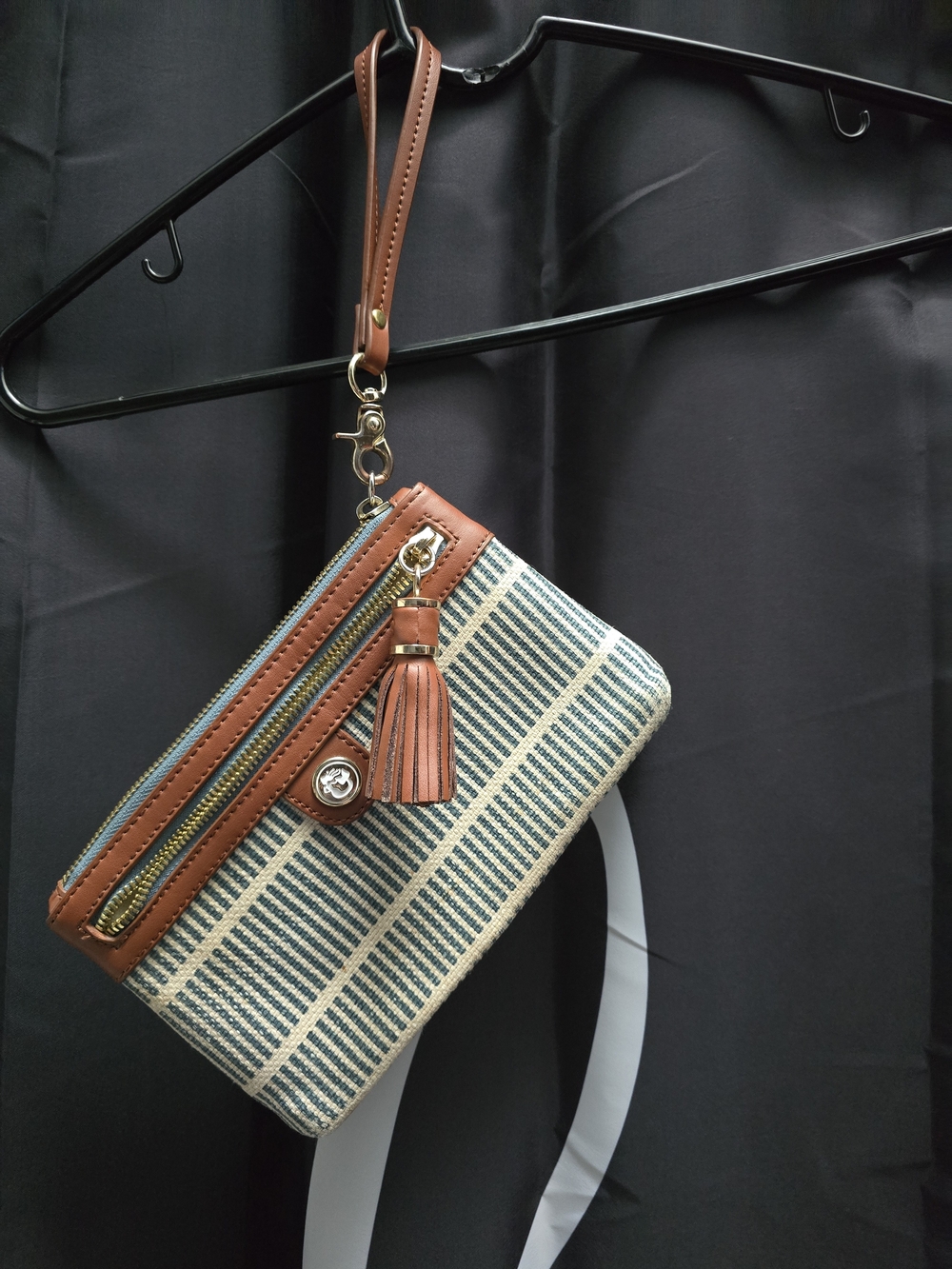 Spartina Striped Canvas Wristlet with Brown Tassel Accent